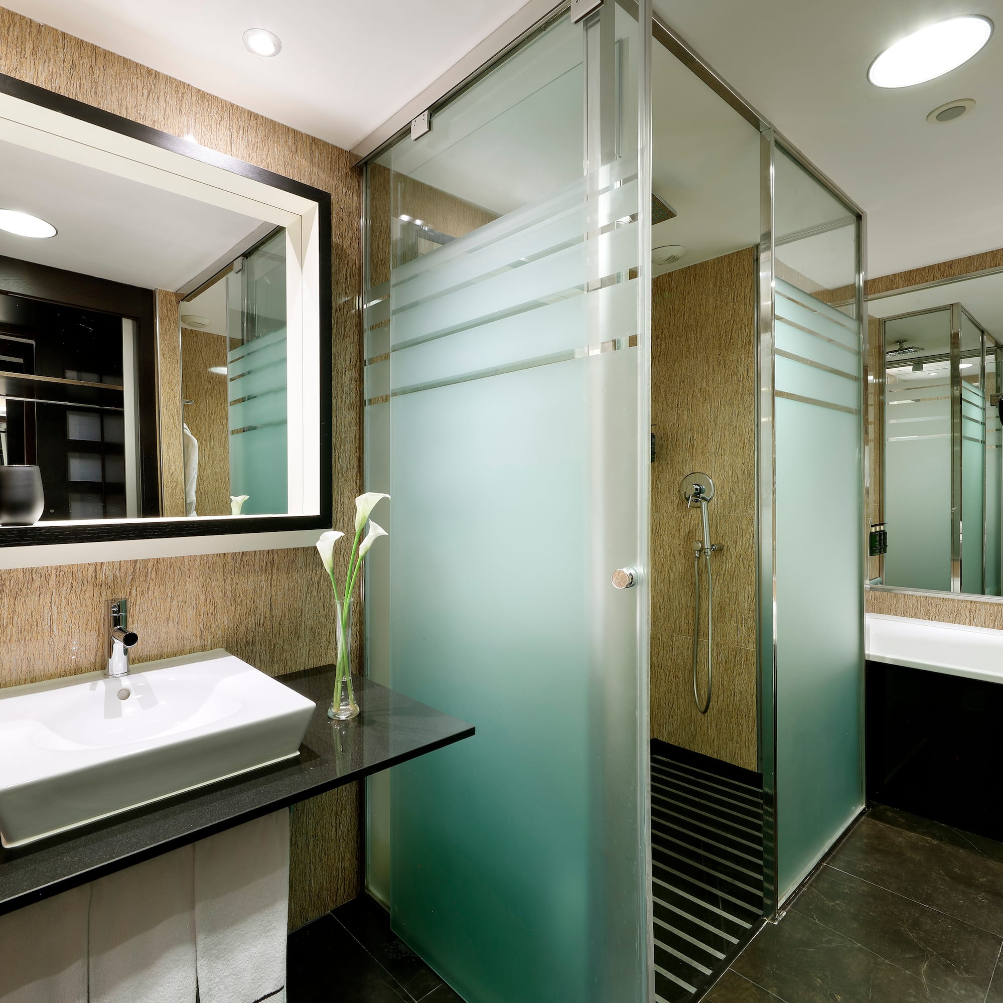 a bathroom with a shower and sink