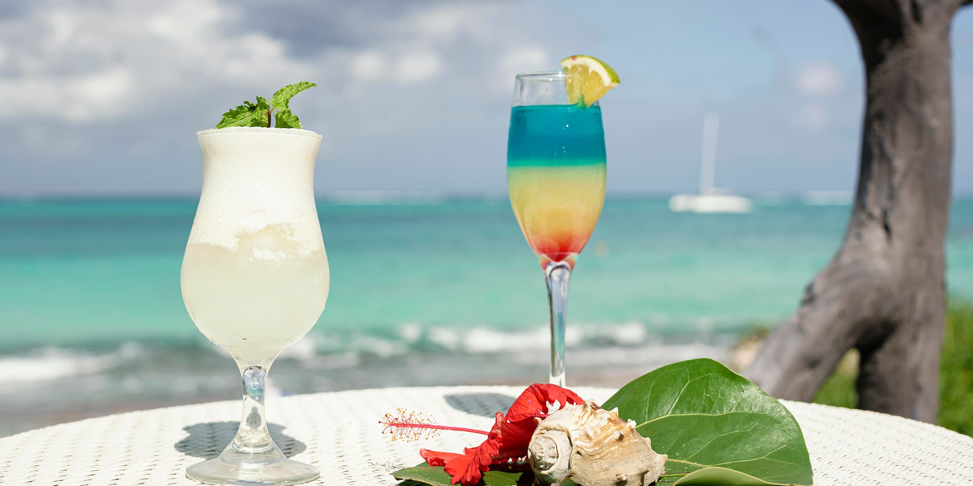 two glasses of drinks on a table