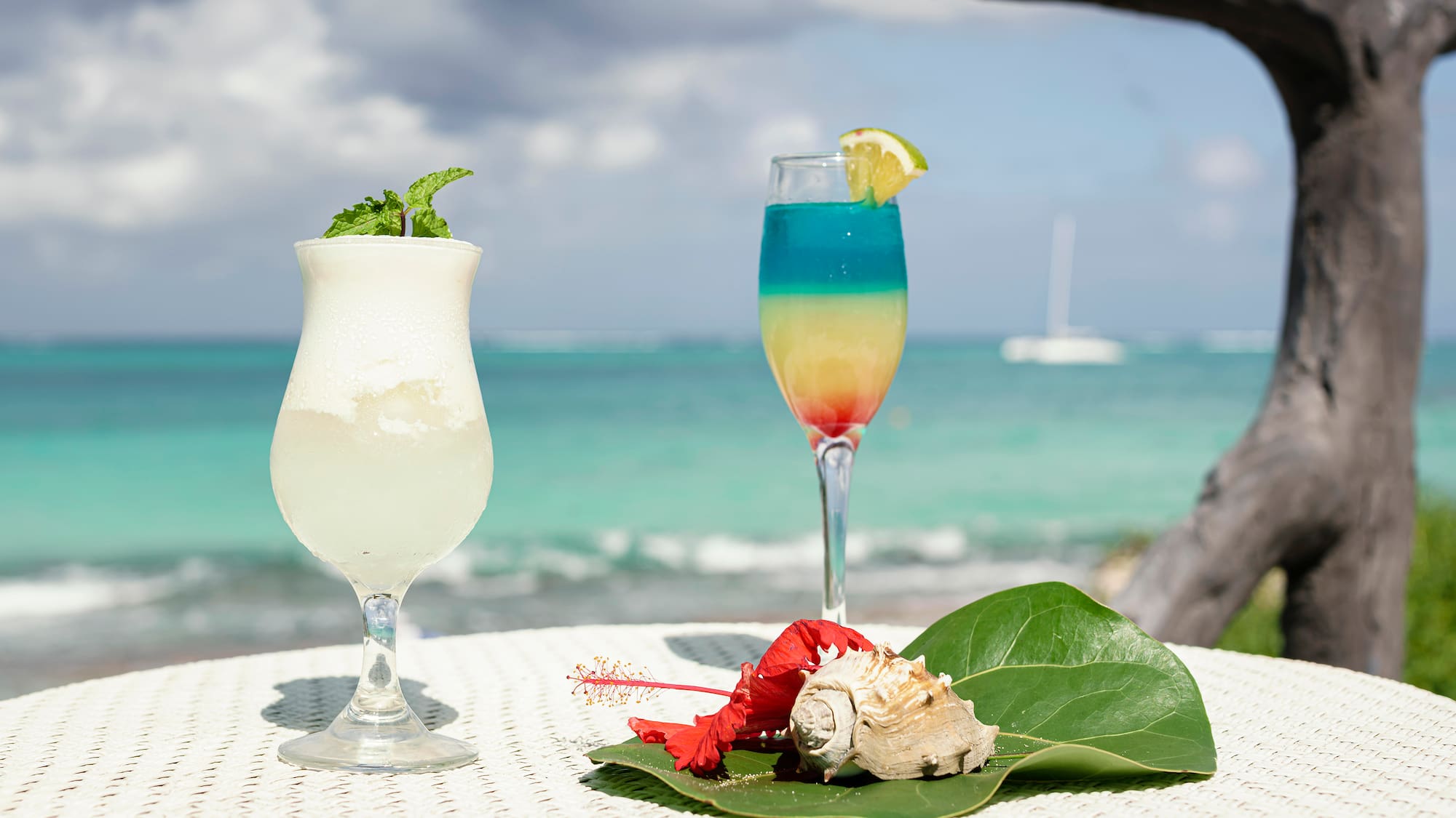 two glasses of drinks on a table
