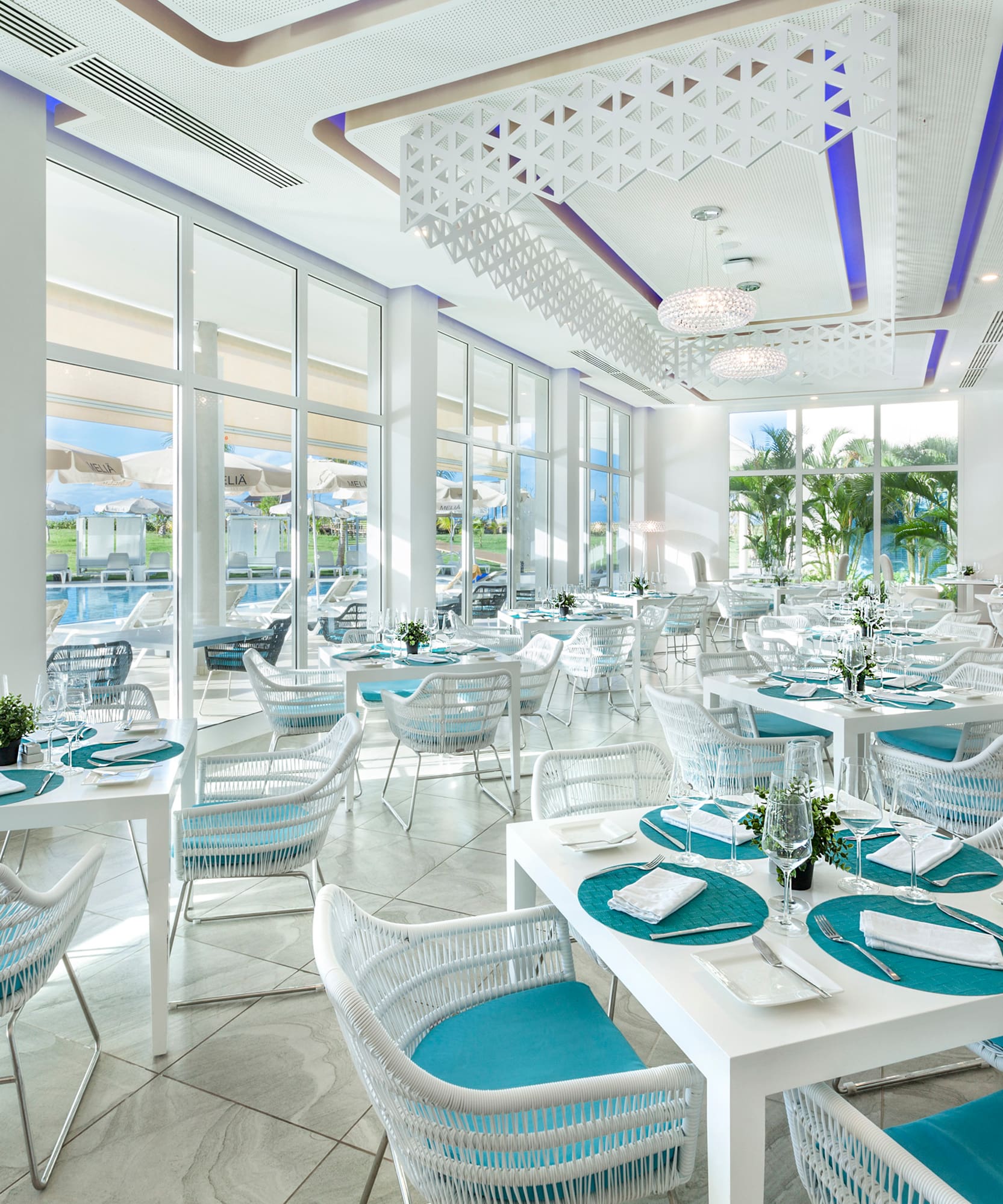 a room with tables and chairs