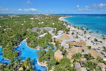 a swimming pool surrounded by palm trees and a beach