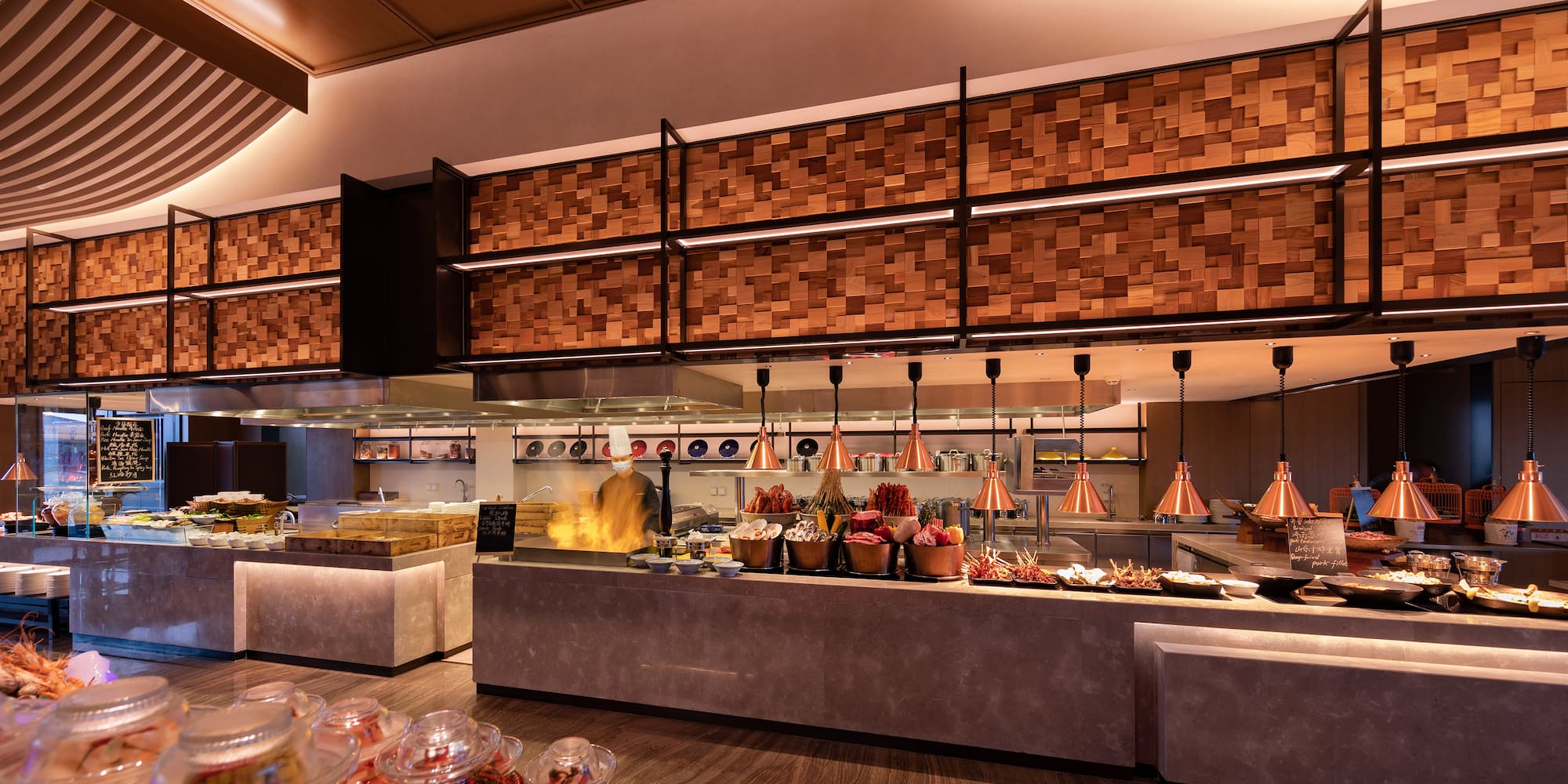 a buffet with food on the counter