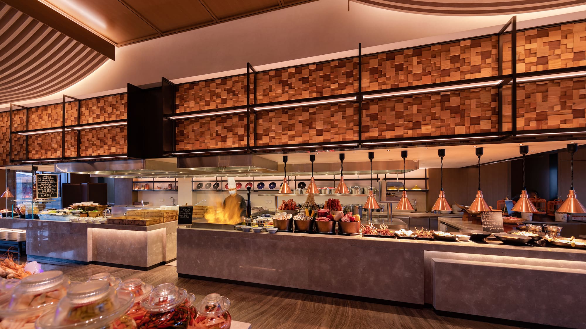 a buffet with food on the counter