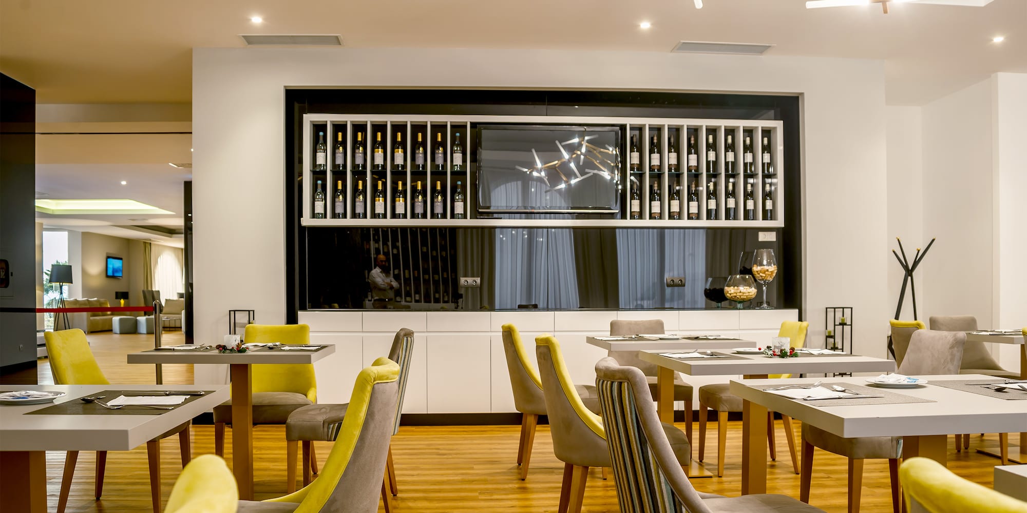 a room with tables and chairs