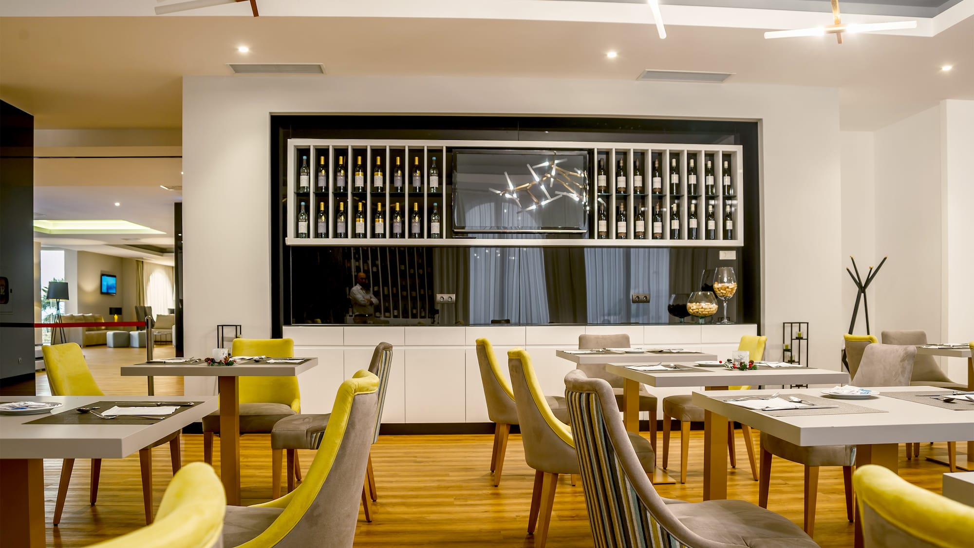 a room with tables and chairs