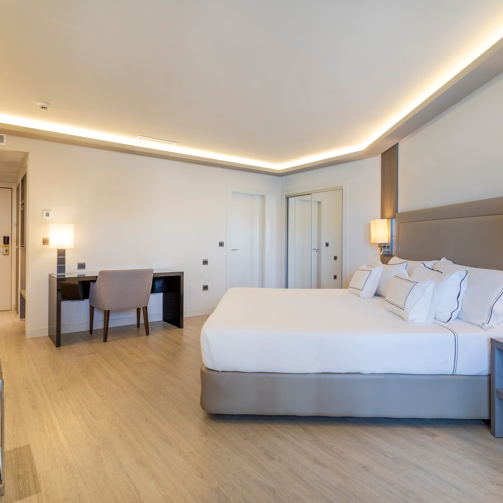 a room with a bed and a desk