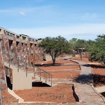 a stone walkway with stairs and trees