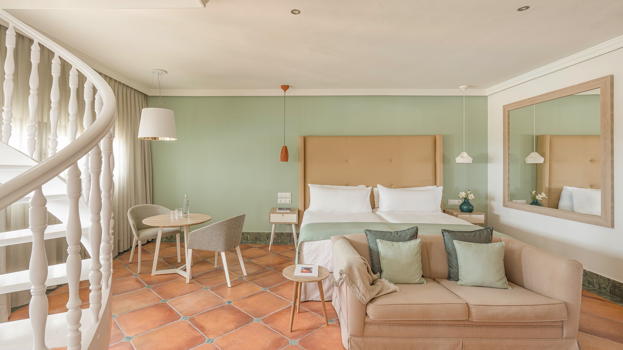 a room with a bed and a table