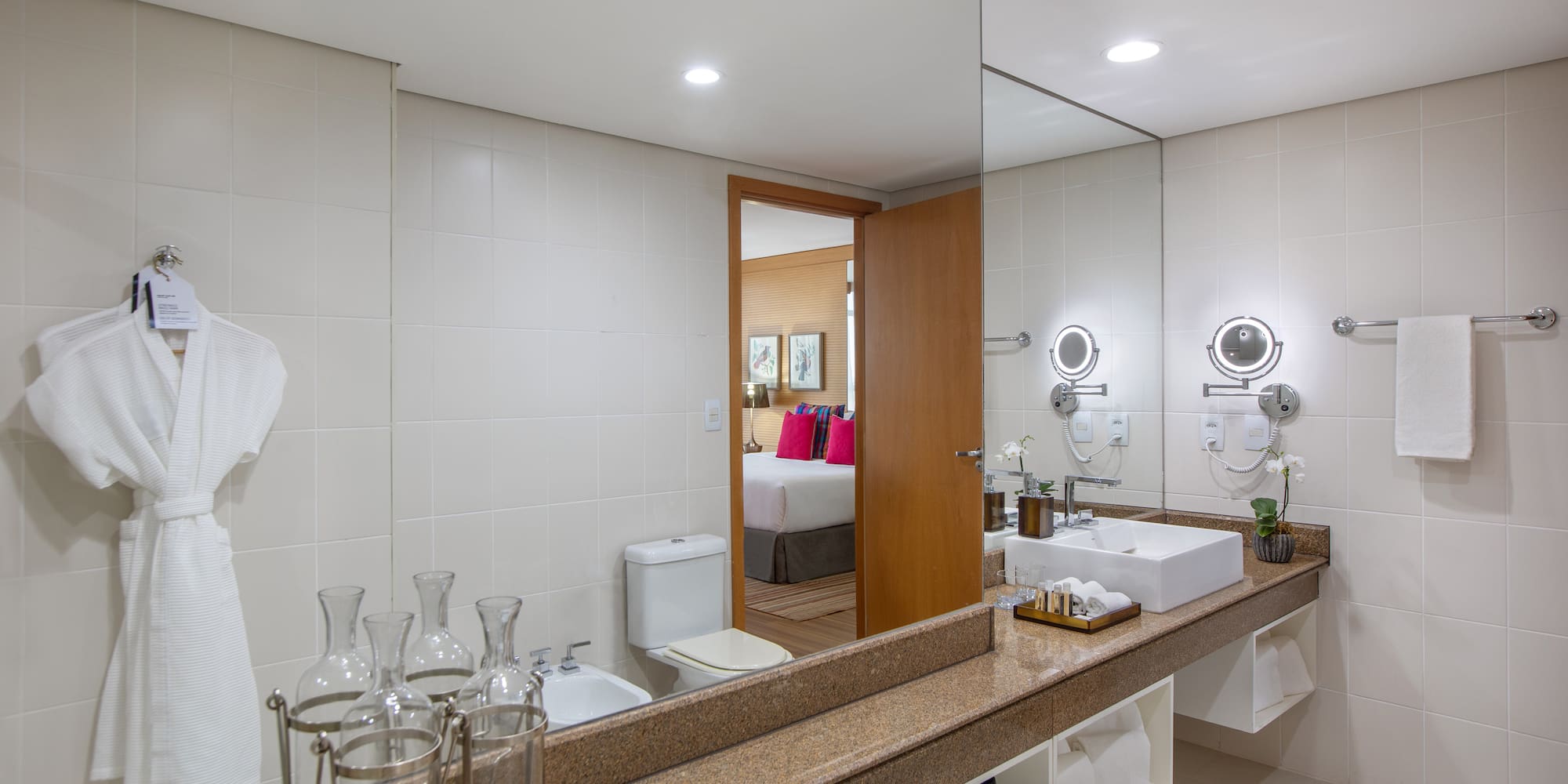 a bathroom with a large mirror