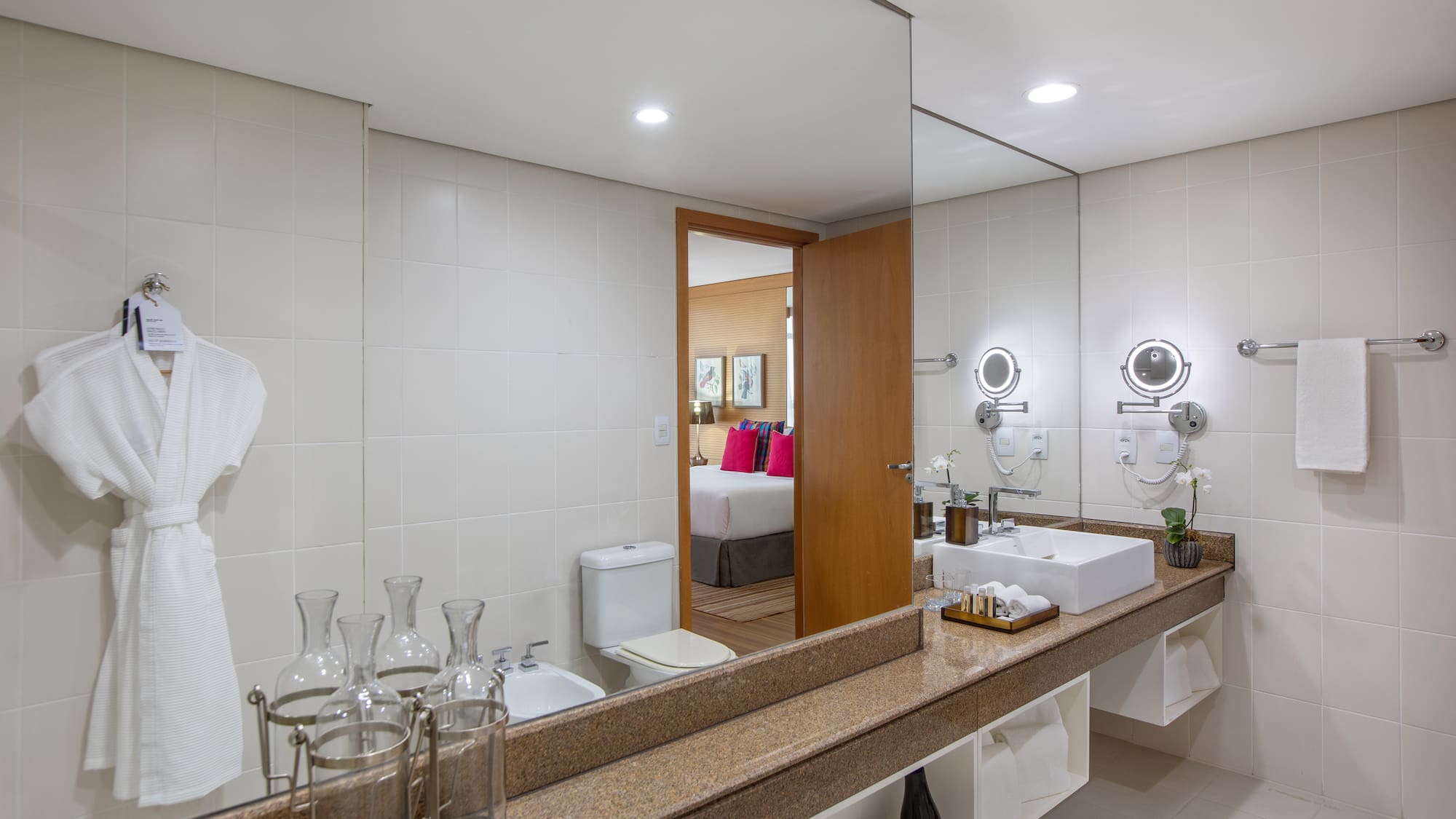 a bathroom with a large mirror