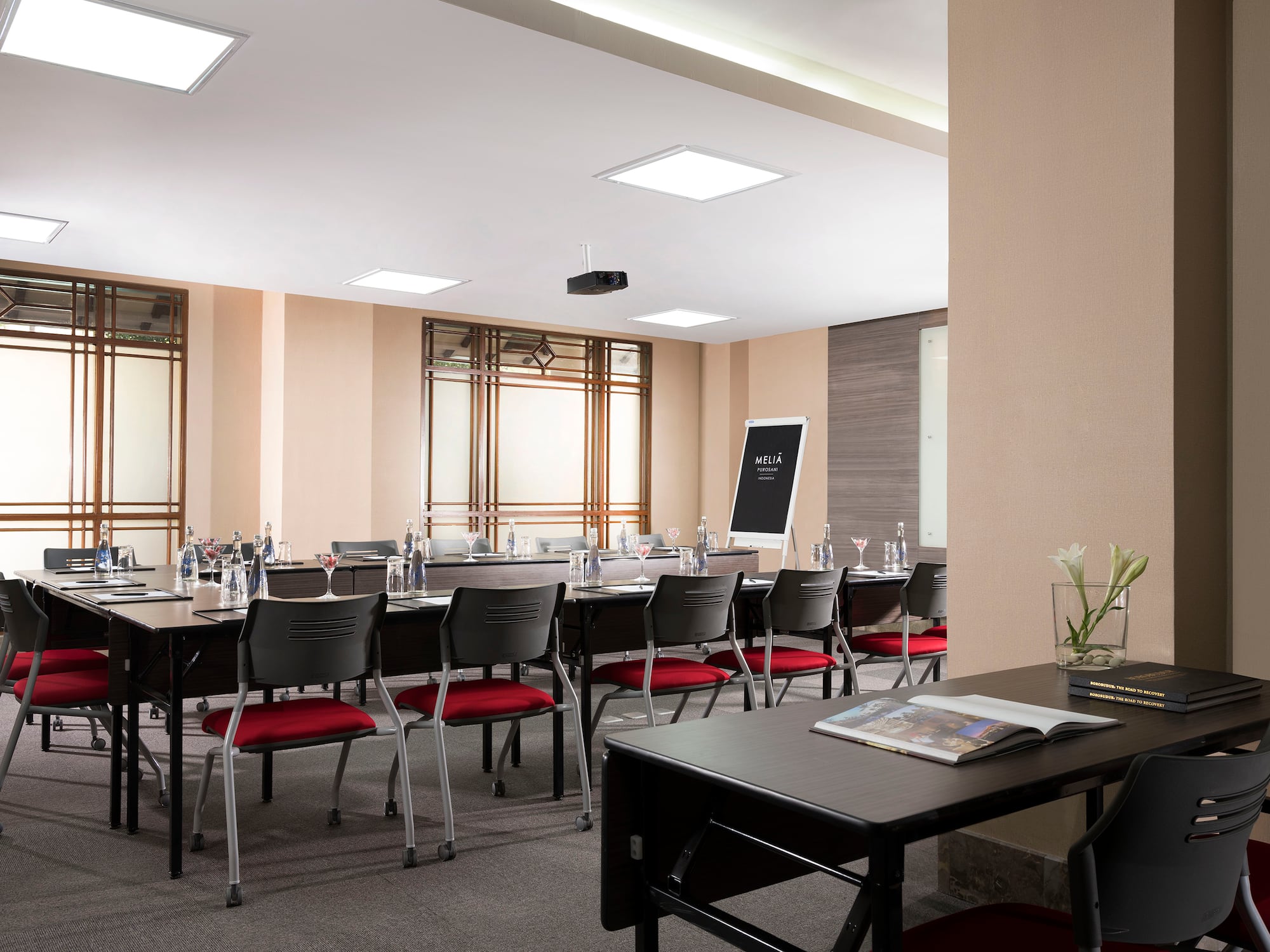 a room with a table and chairs