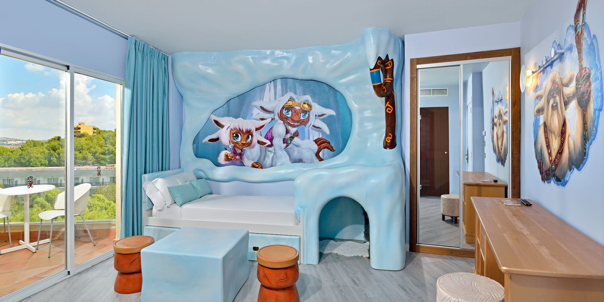 a room with a bed and a mirror