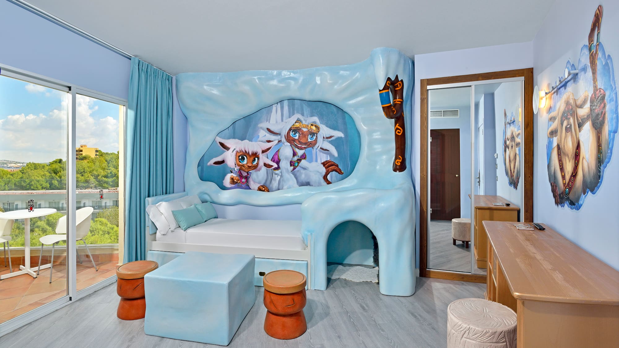 a room with a bed and a mirror