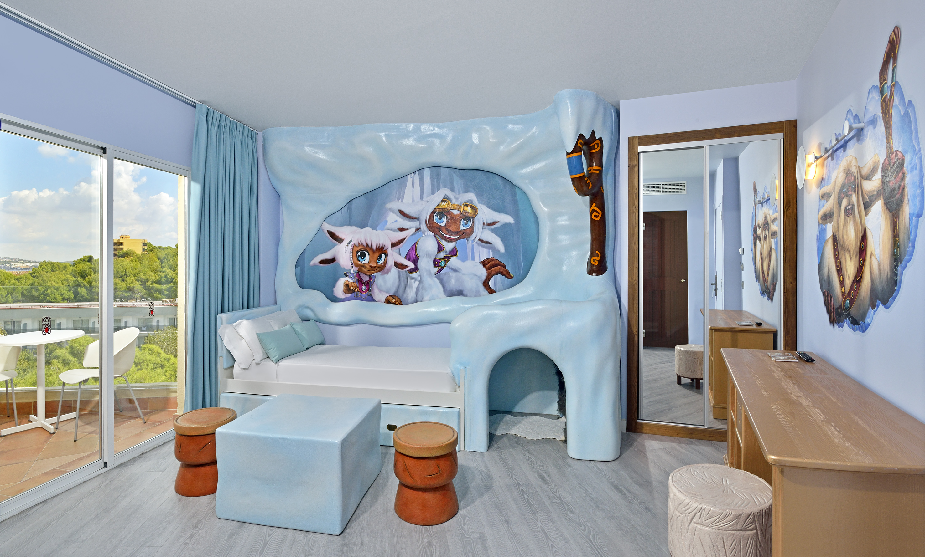 a room with a bed and a mirror