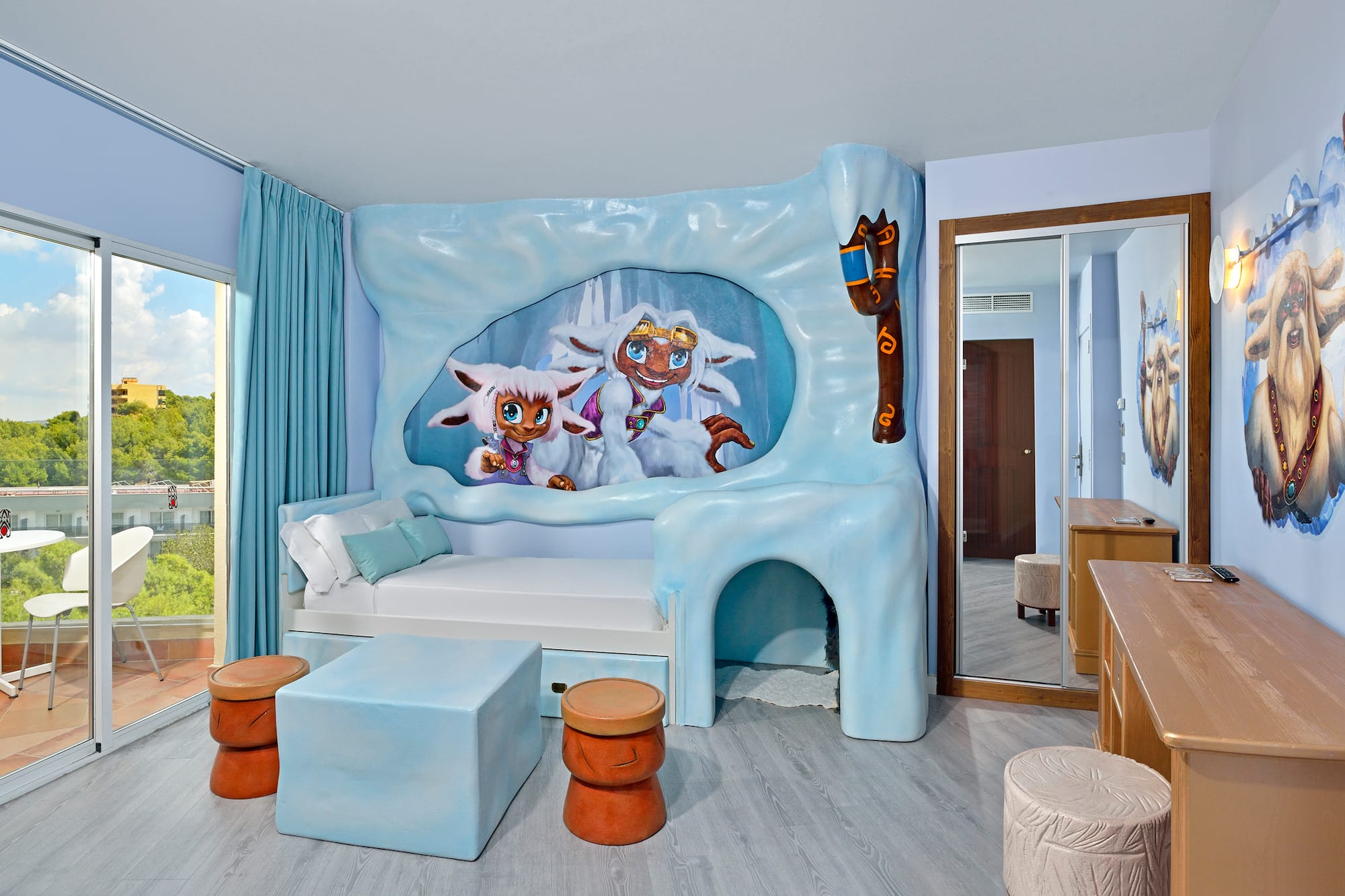 a room with a bed and a mirror