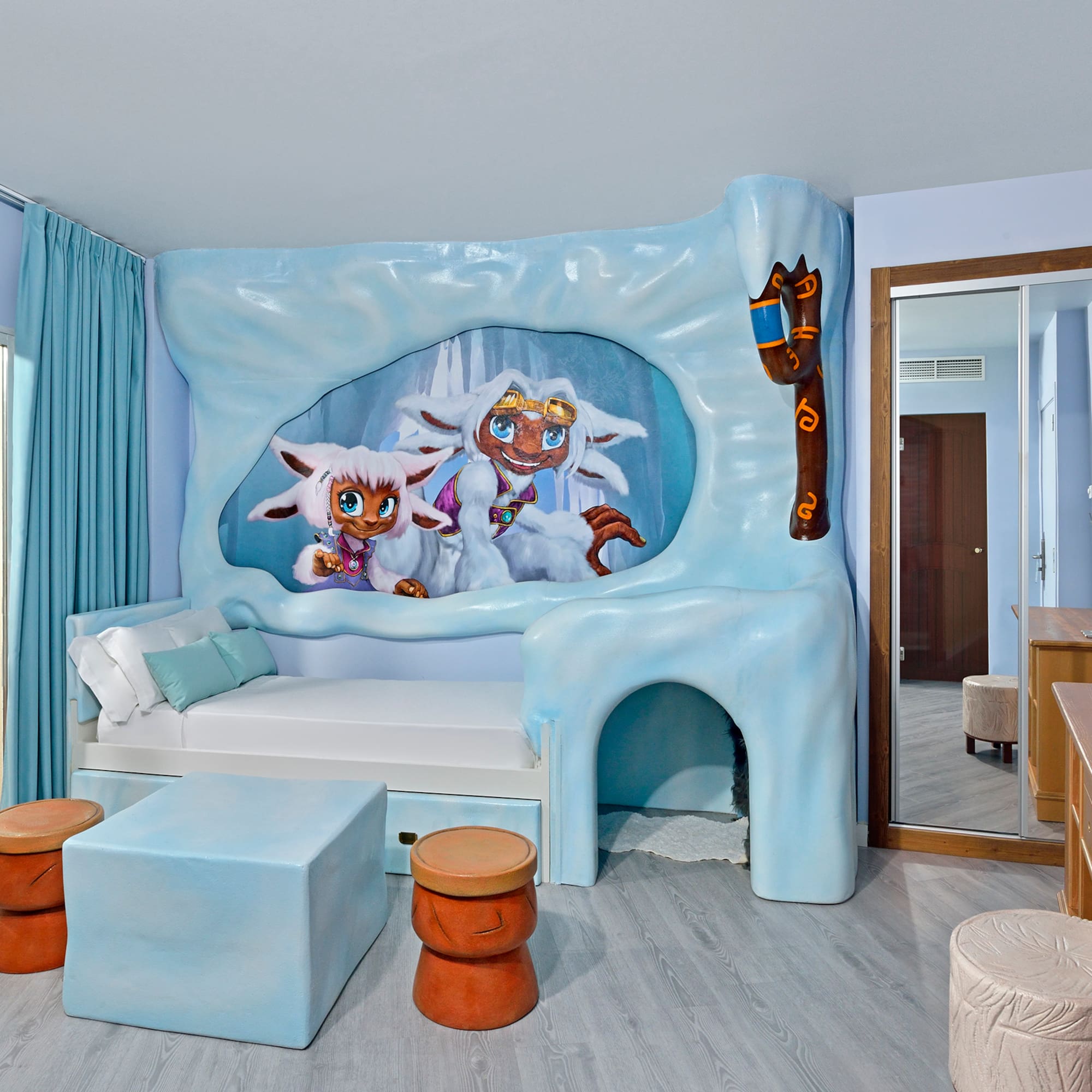 a room with a bed and a mirror