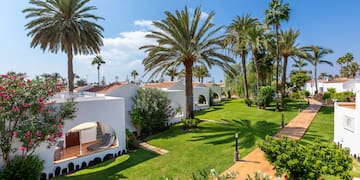 a group of palm trees and buildings