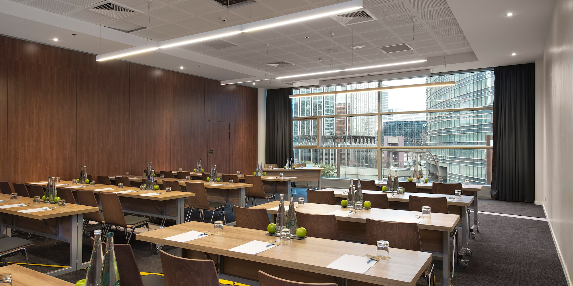 a room with tables and chairs