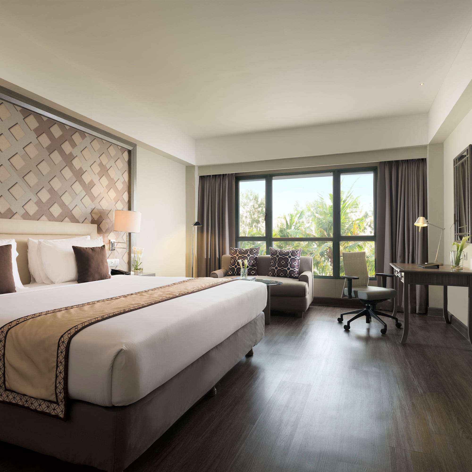 a room with a bed and a desk