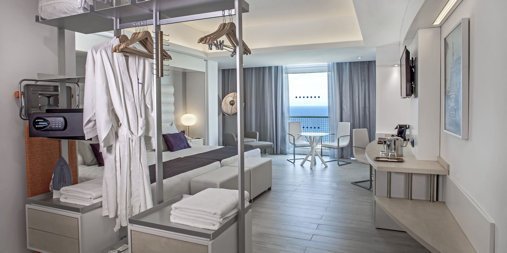 a room with a bed and a table