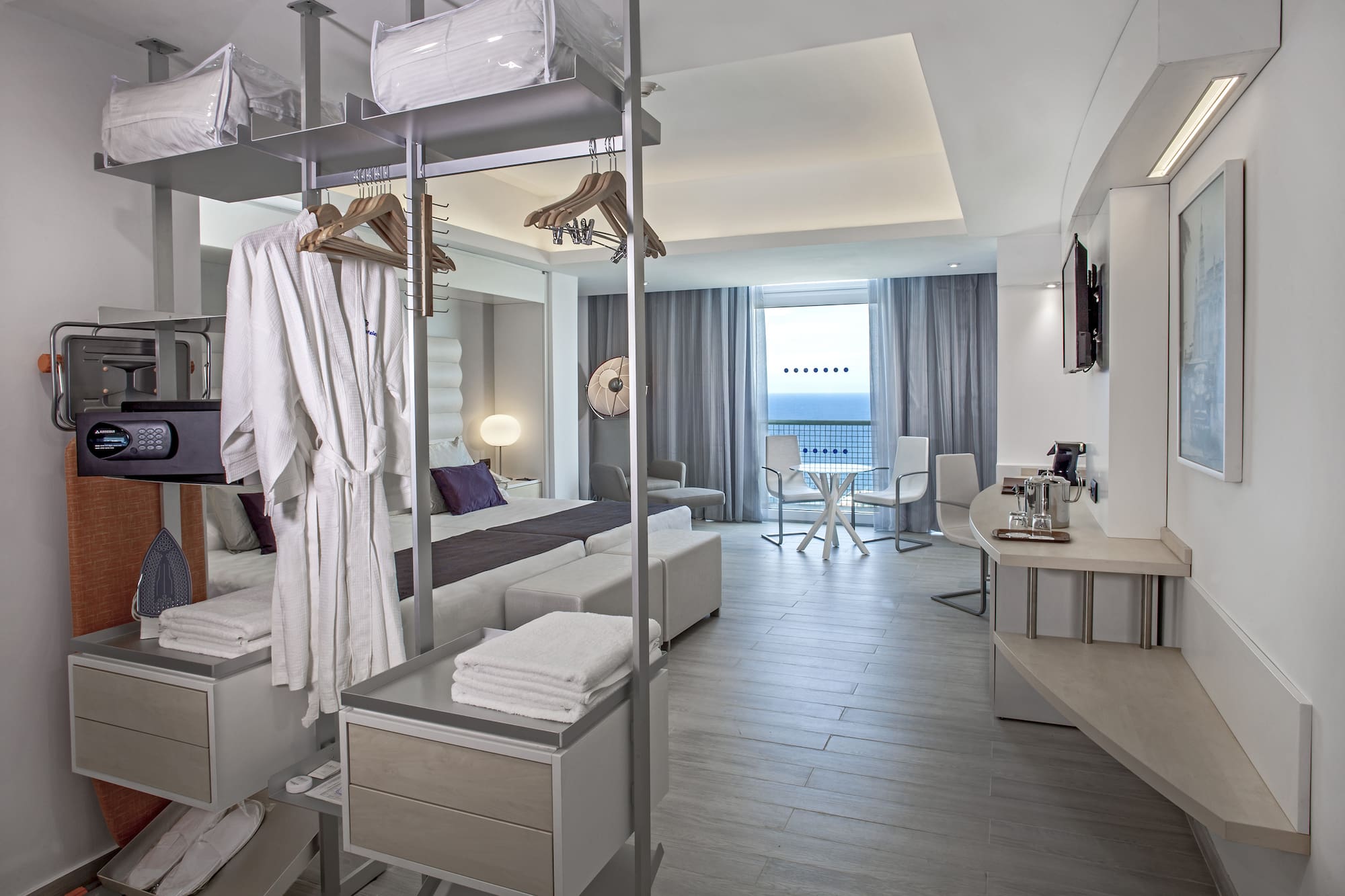 a room with a bed and a table