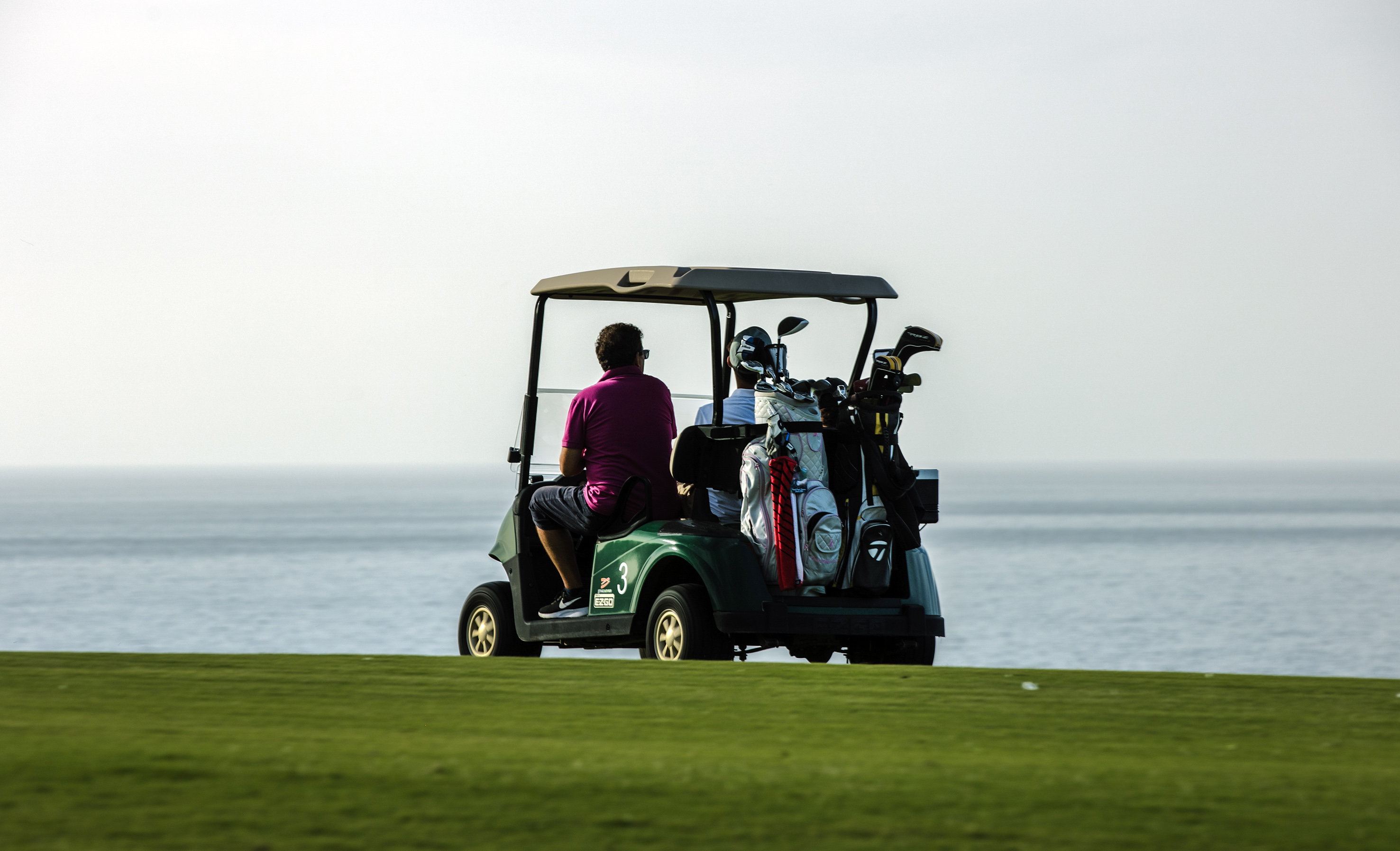 a group of people on a golf cart