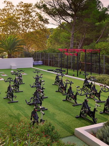 a group of exercise bikes on a green field