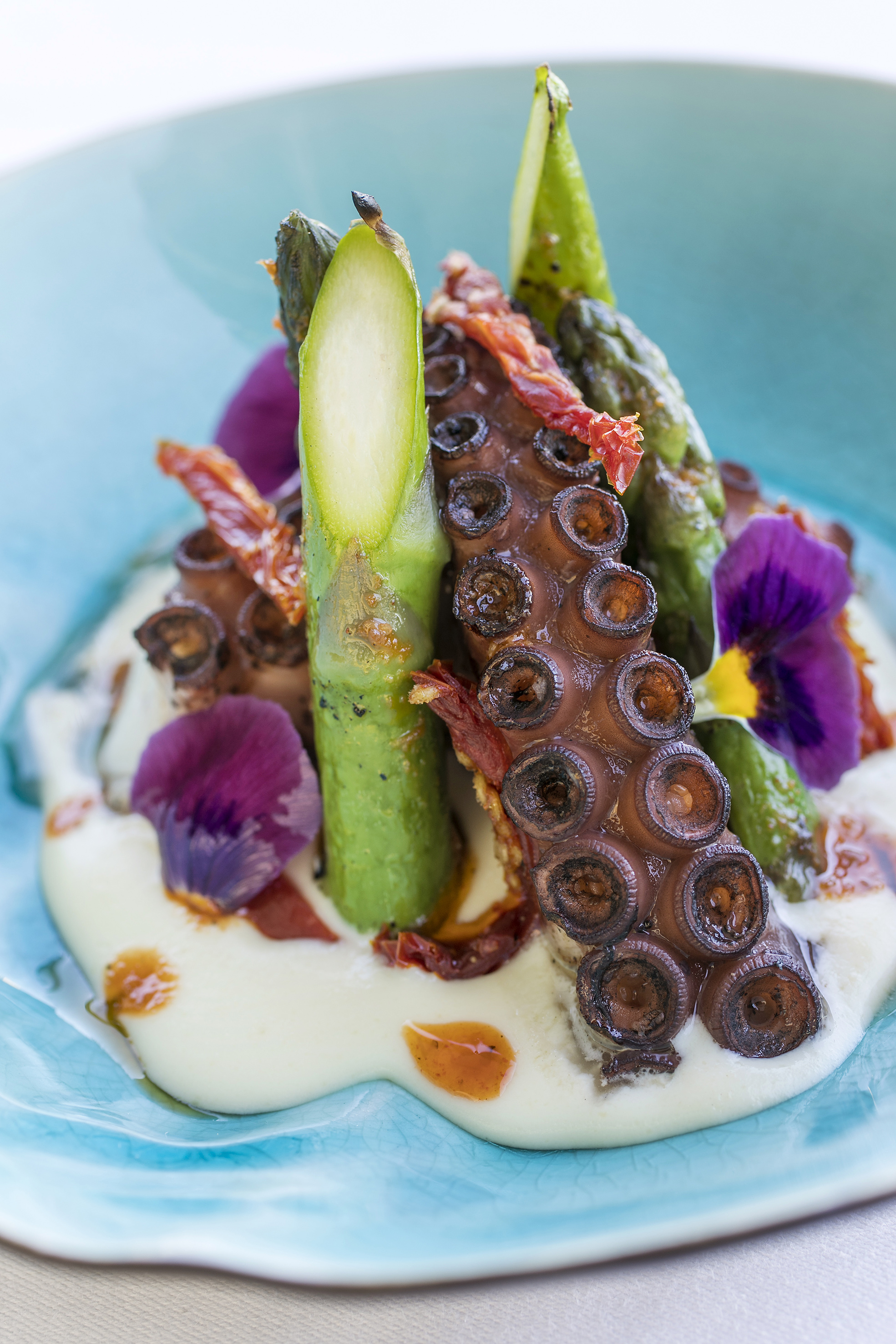 Grilled octopus, asparagus, sun-dried tomatoes, creamy sauce, edible flowers.