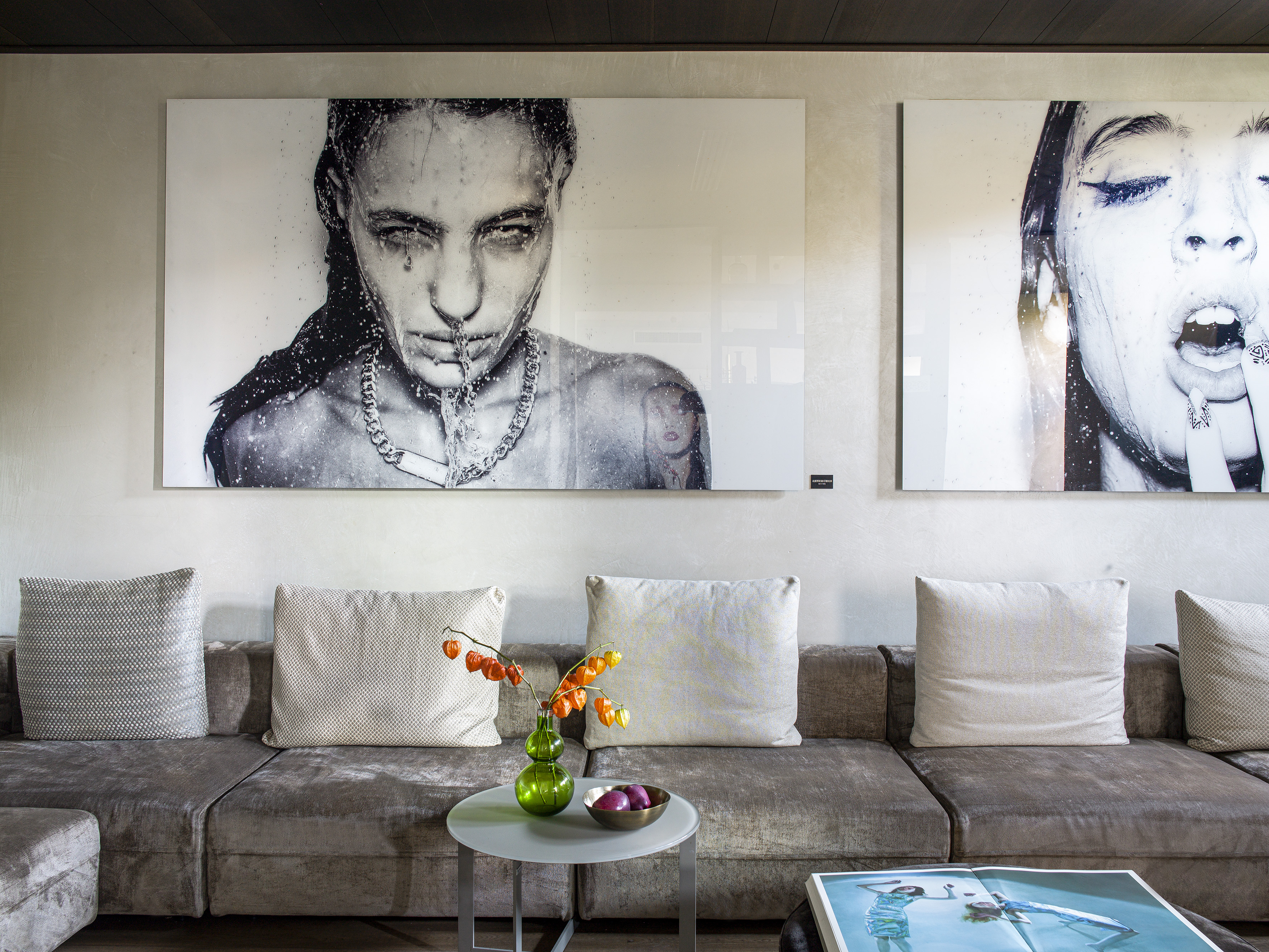 Modern living room with gray sectional sofa, light cushions, and large monochrome portrait art.