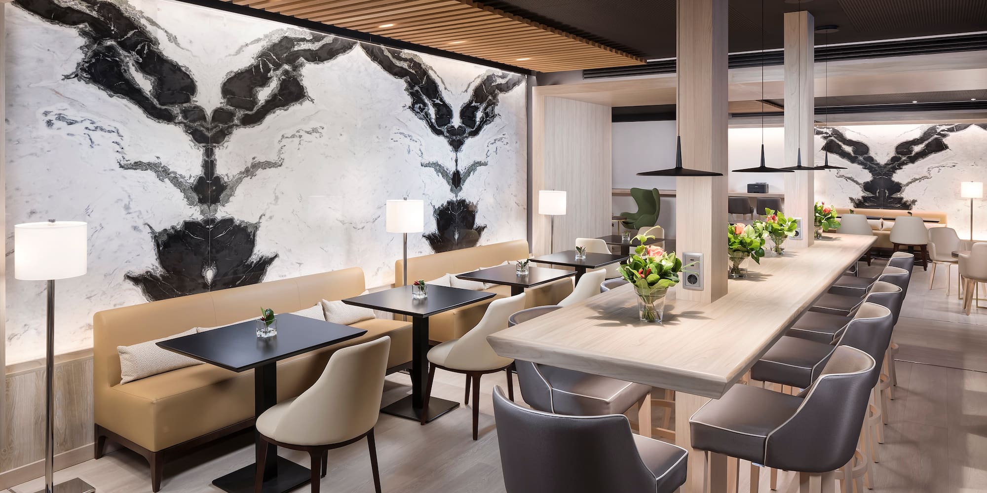 a room with tables and chairs