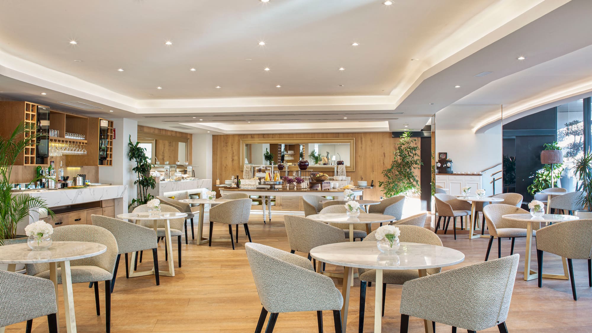 a room with tables and chairs