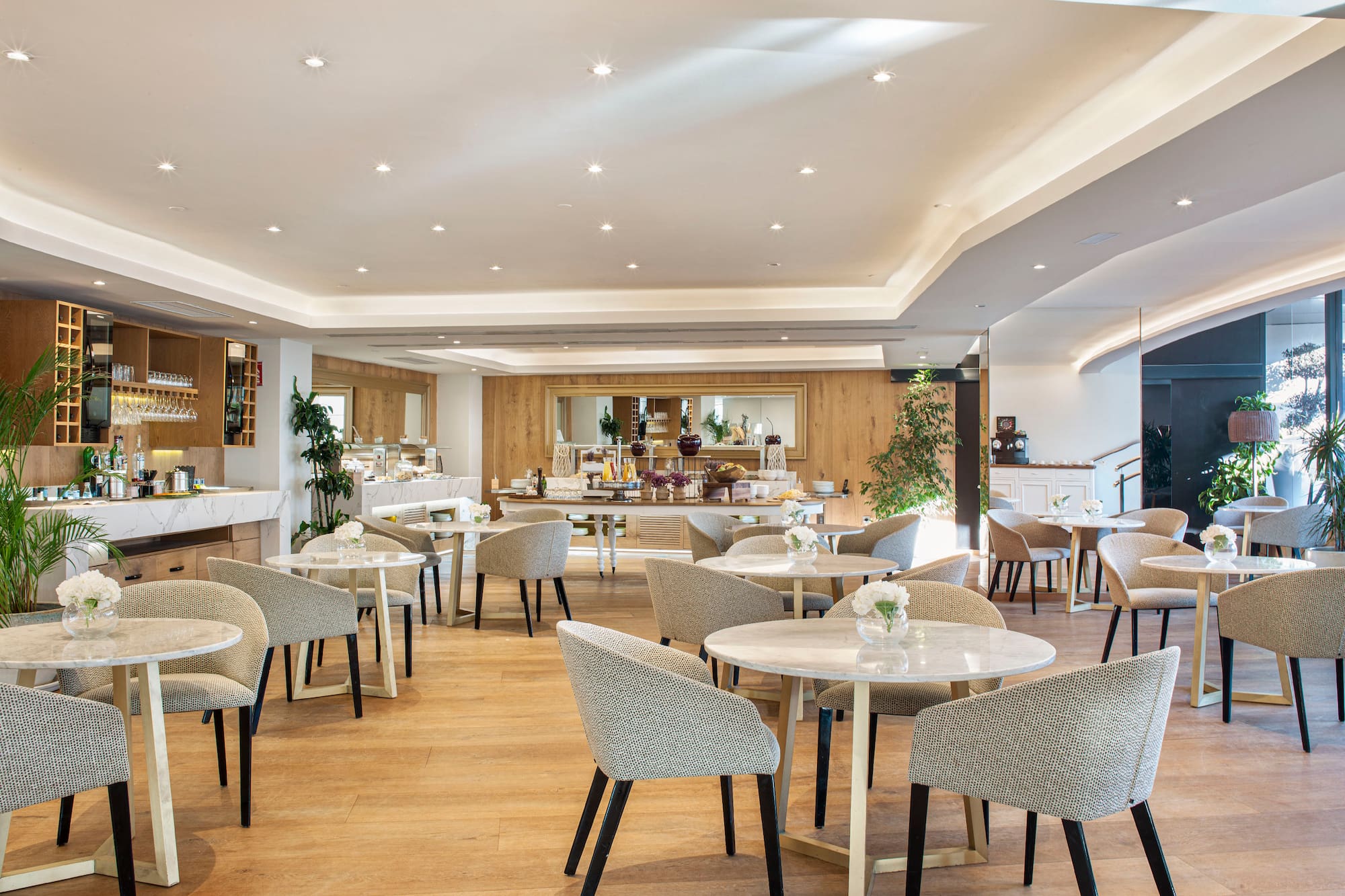 a room with tables and chairs