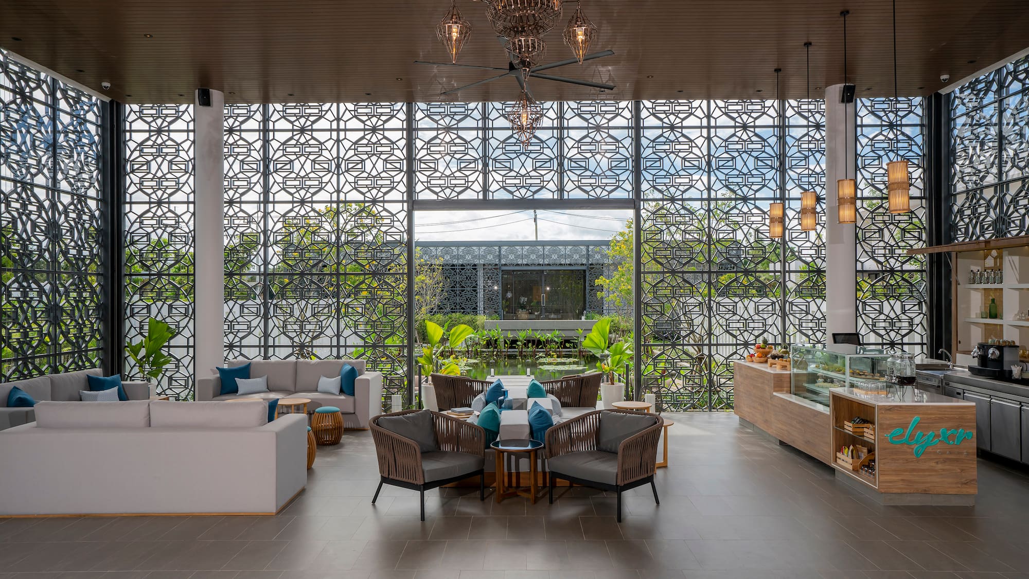 a room with a large window and a large glass wall