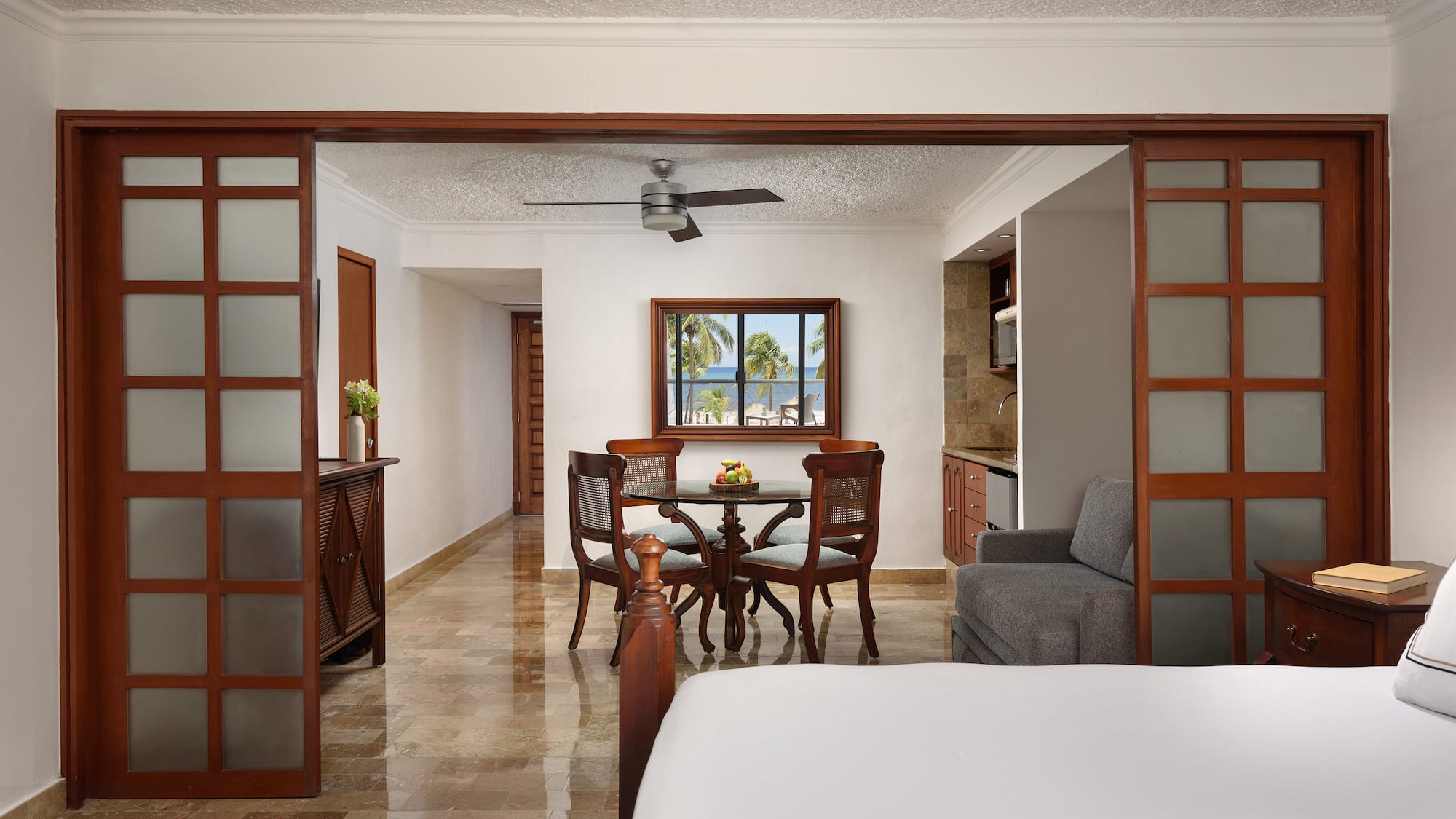 a room with a table and chairs