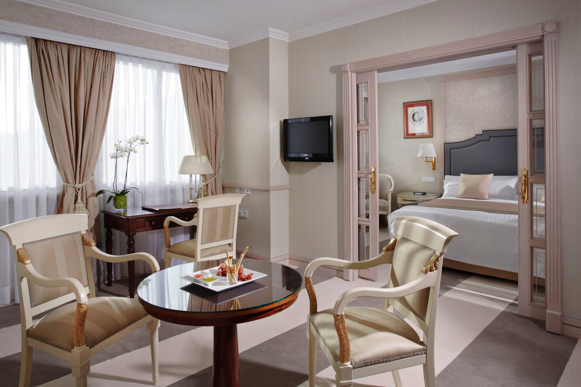 a room with a bed and a table