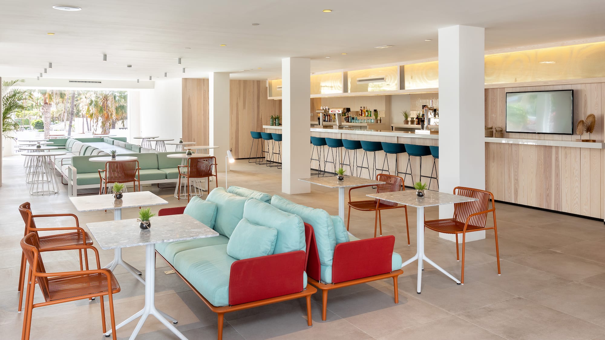 a room with tables and chairs