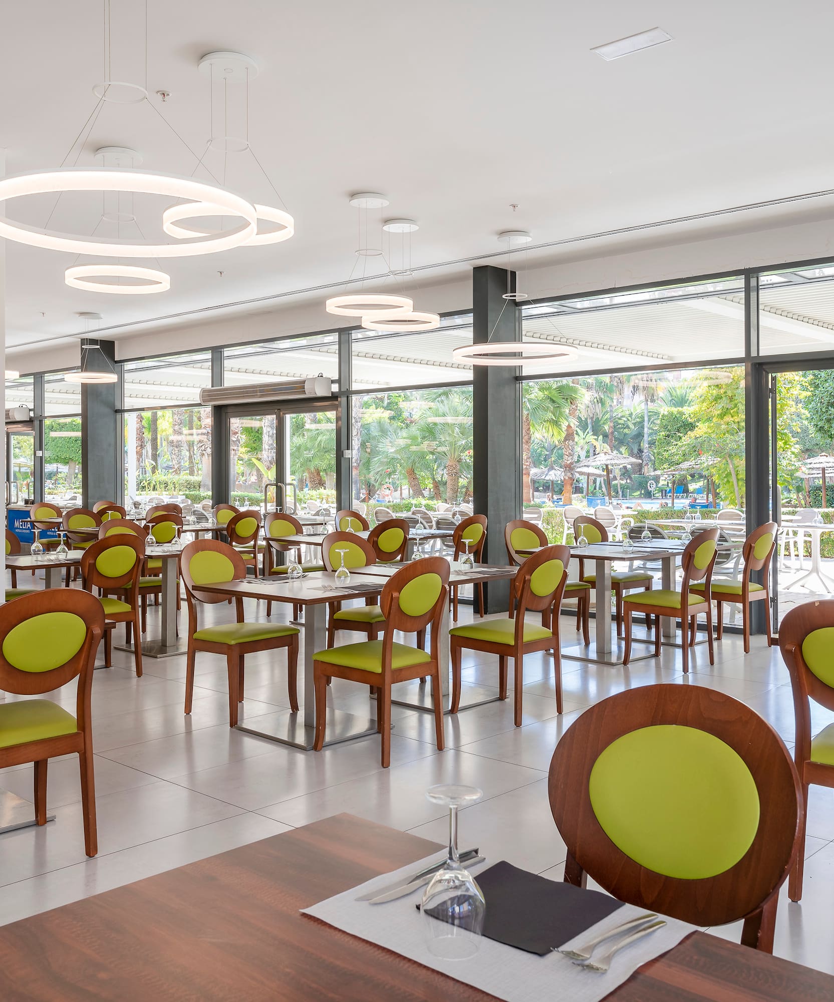 a room with tables and chairs