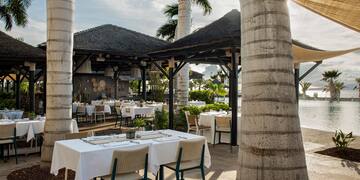a restaurant with tables and chairs under a canopy