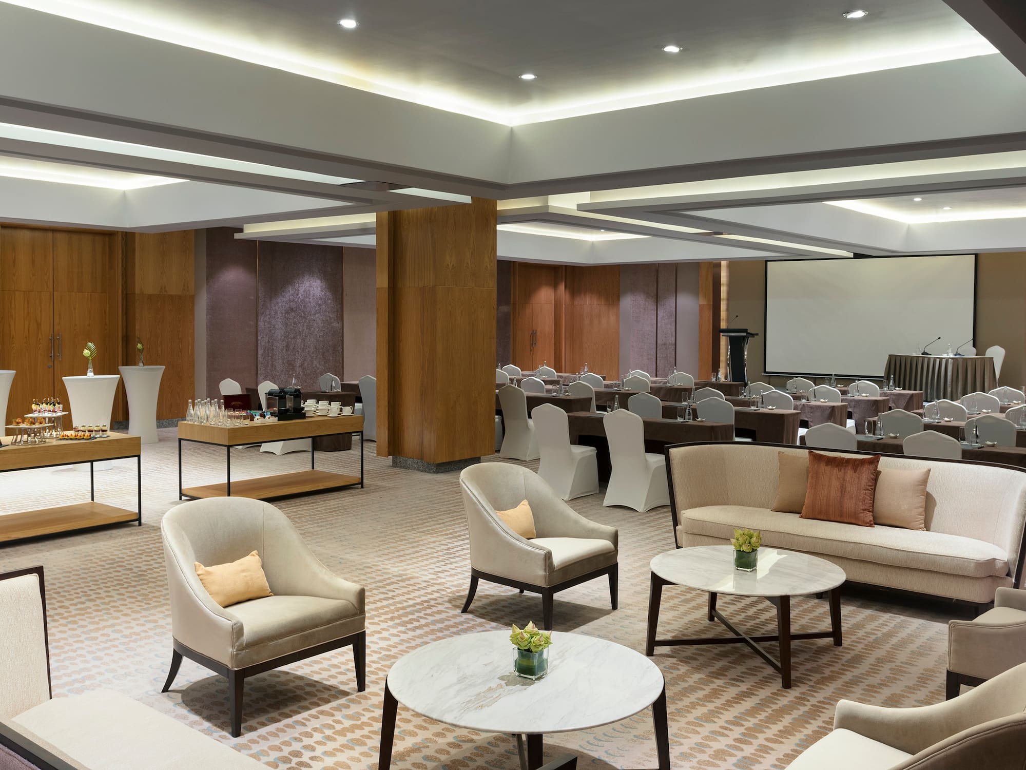 a room with chairs and tables