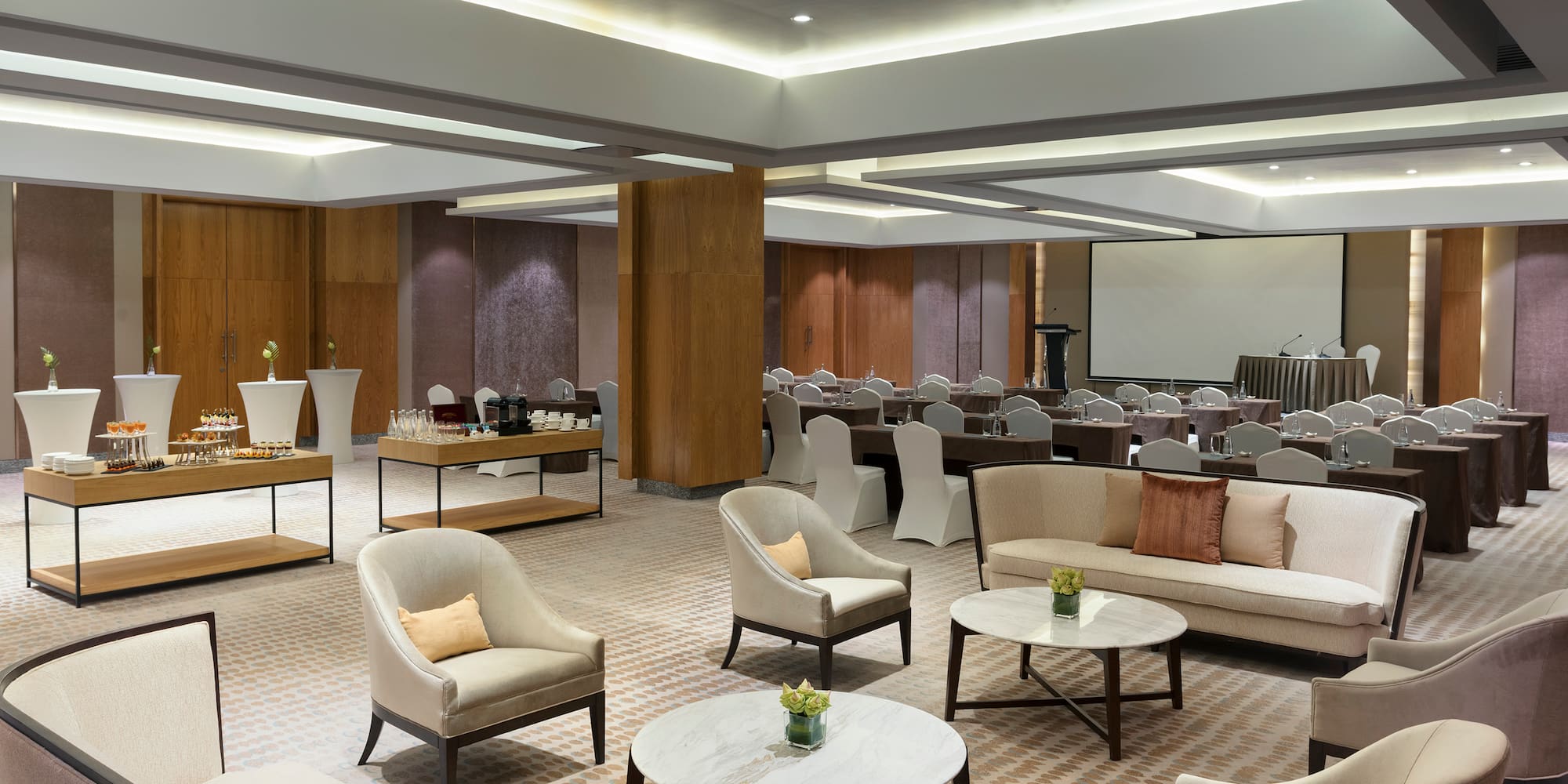 a room with chairs and tables