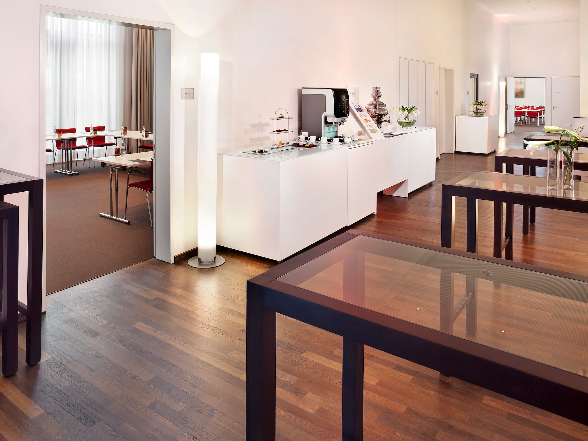 a room with tables and chairs