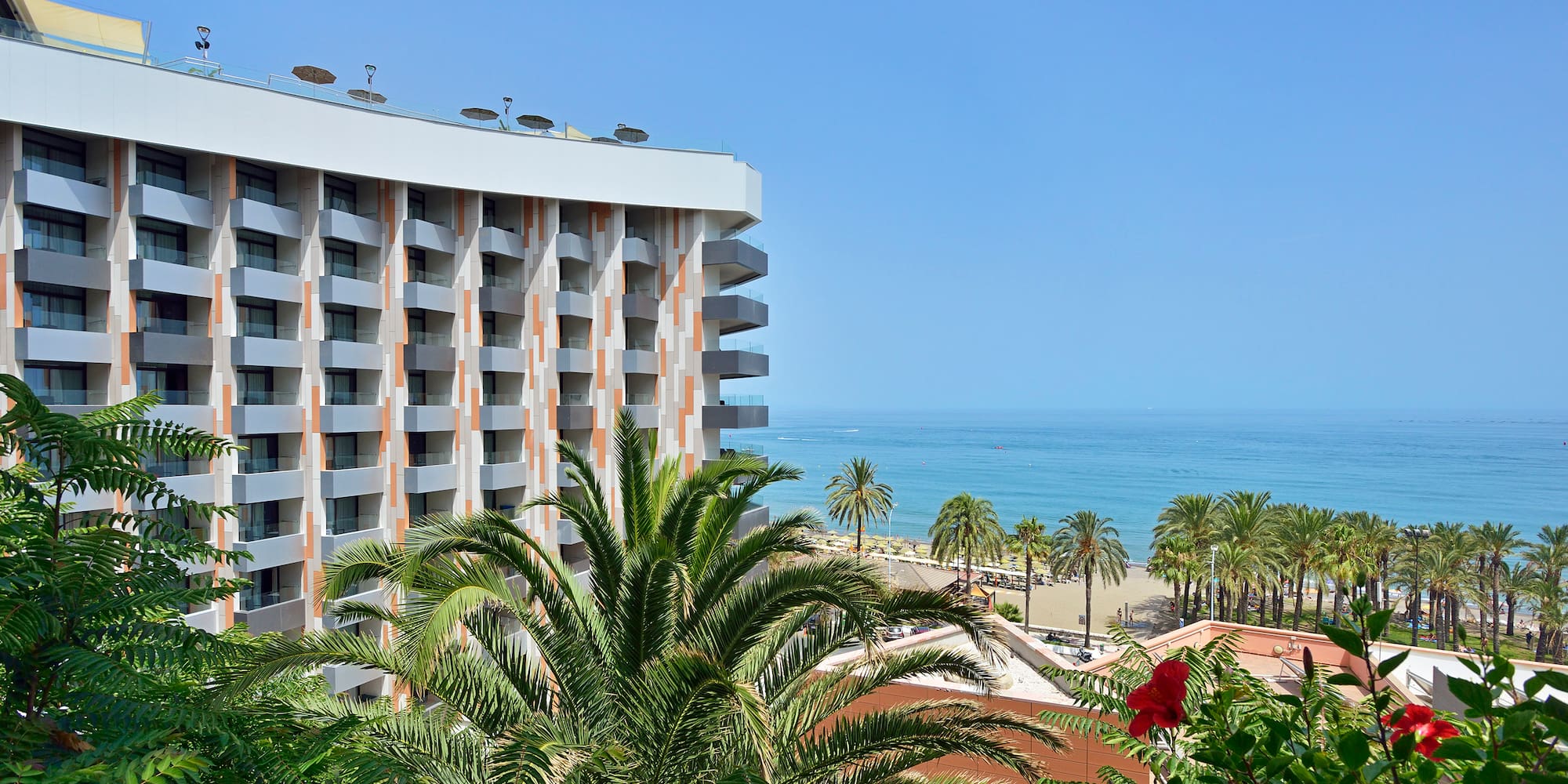a building with palm trees and a beach