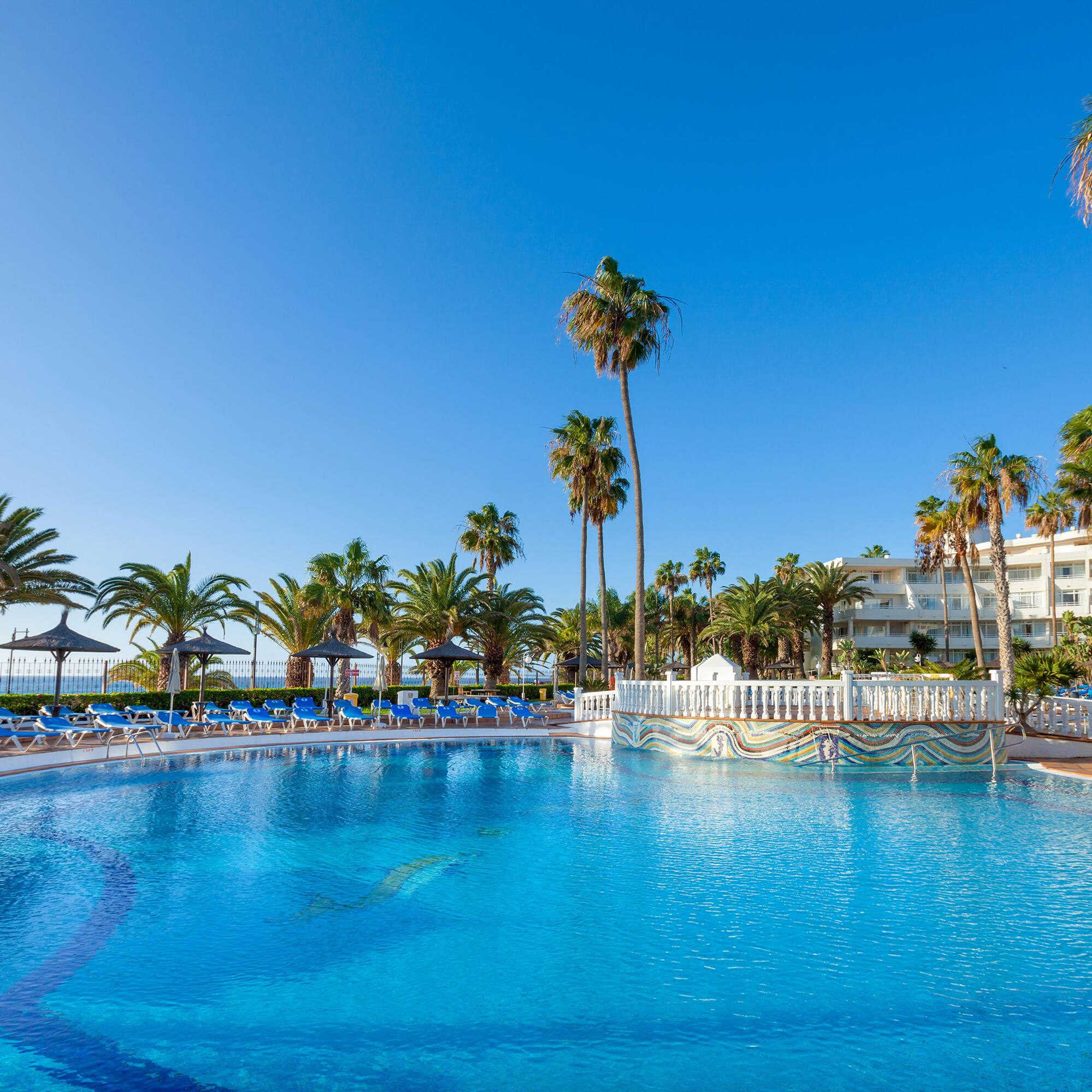 a pool with palm trees and a building