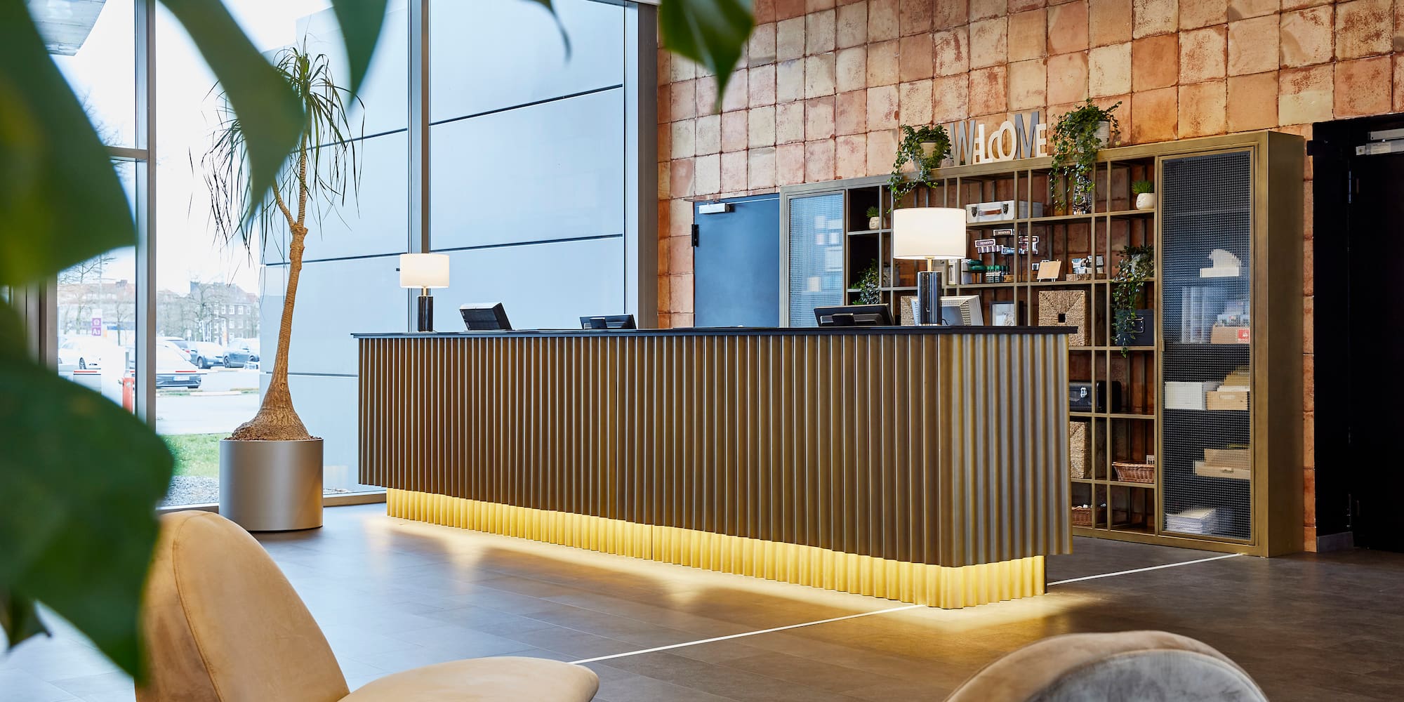 a reception desk in a hotel