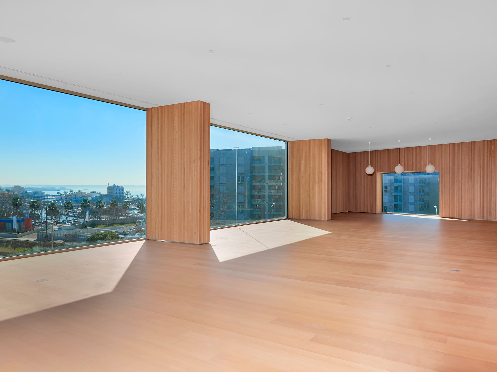 a large room with large windows