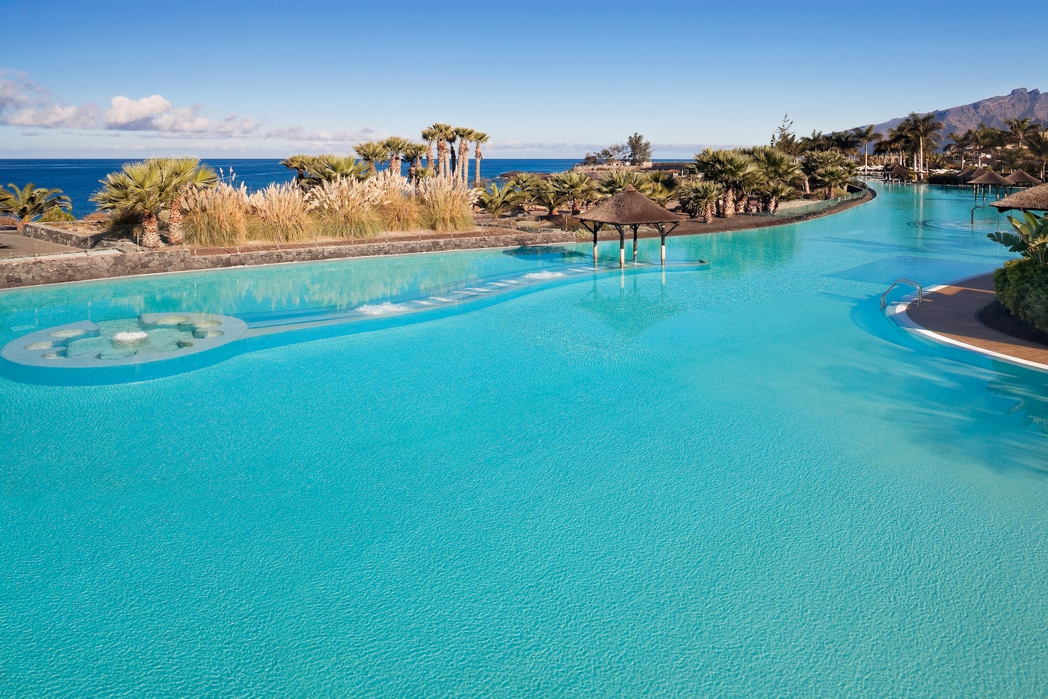 a pool with a gazebo and palm trees