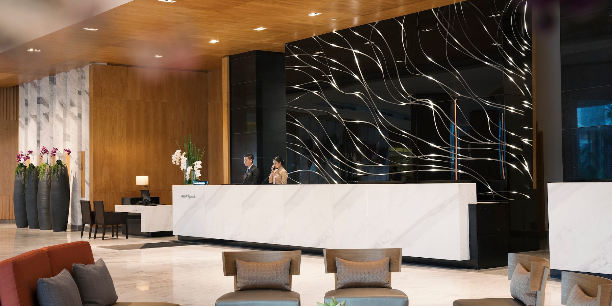 a reception desk in a hotel