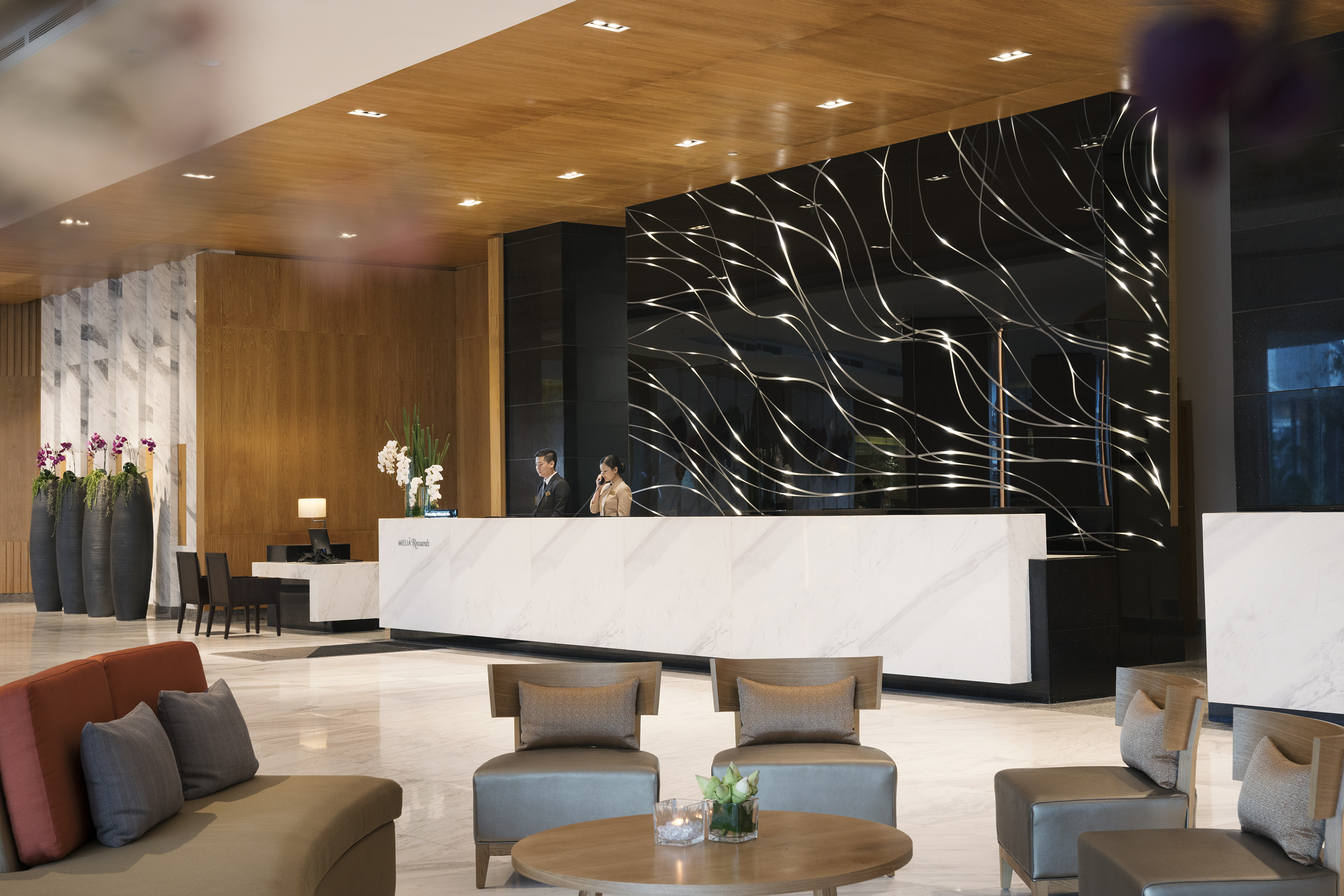 a reception desk in a hotel