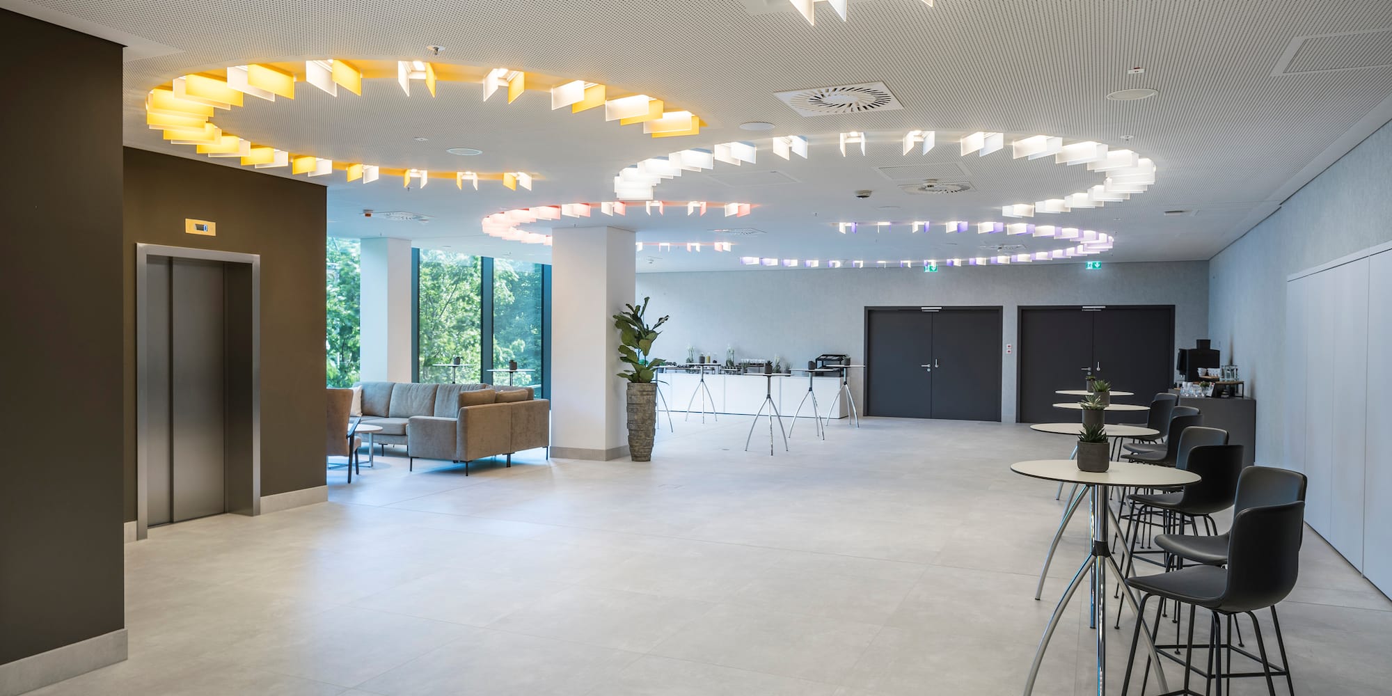 a room with tables and chairs