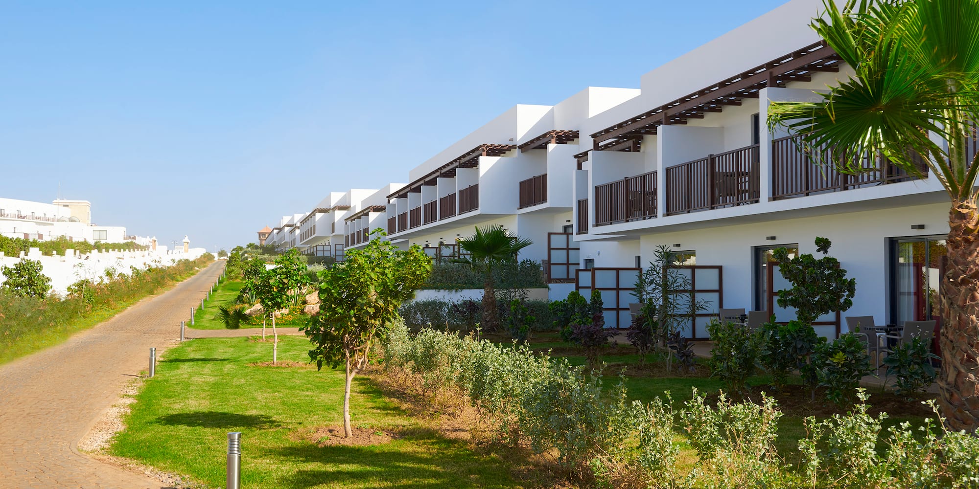a row of white buildings with trees and grass